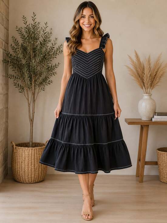 American Eagle Dresses & Skirts - American Eagle Black Smocked Tiered Midi Dress Flutter Strap Cottagecore S